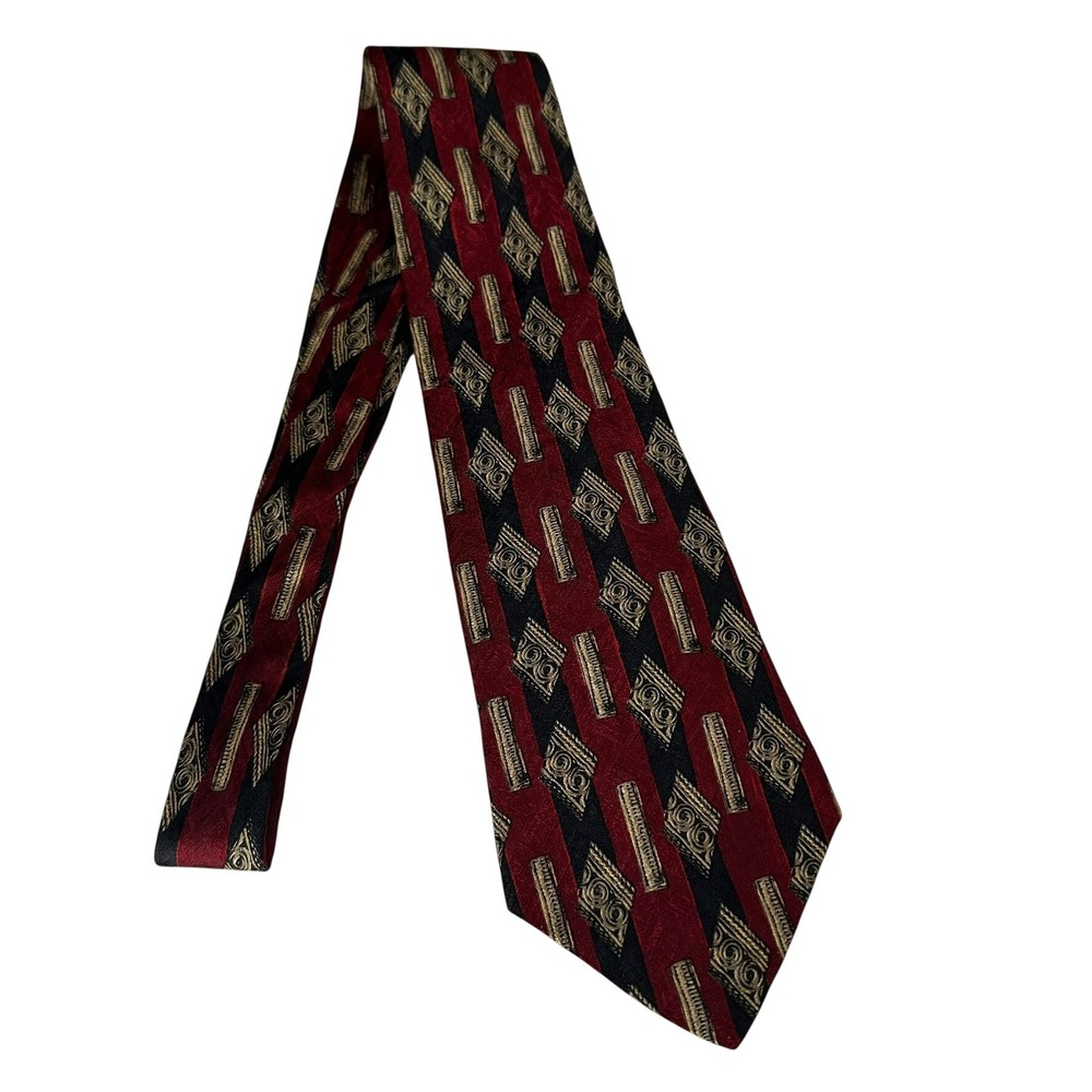 Bugatti Mens Red Black Gold Geometric Striped 100% Italian Silk Necktie Tie